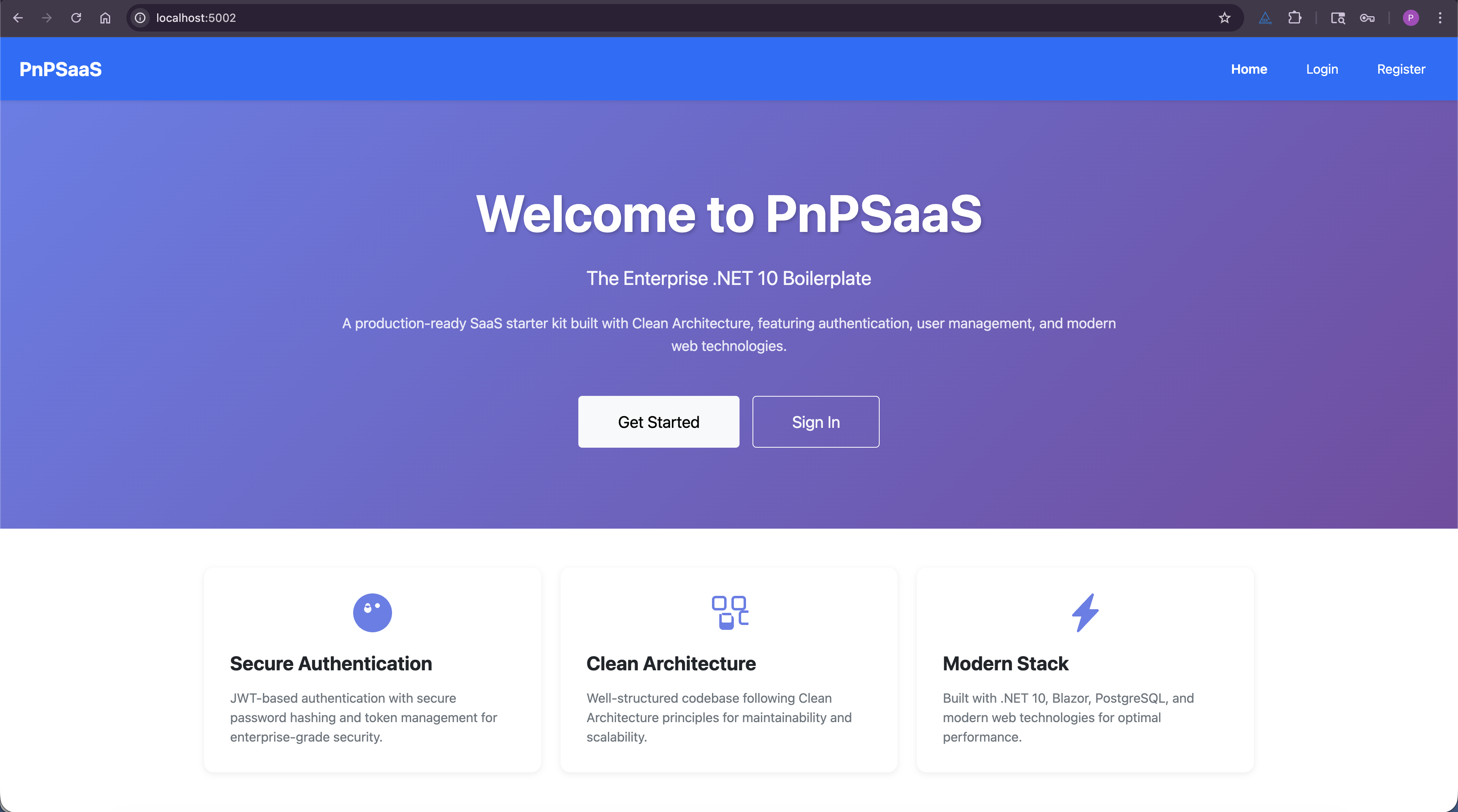 PnPSaaS Landing Page Preview - Professional SaaS Boilerplate .NET 10 UI Dashboard